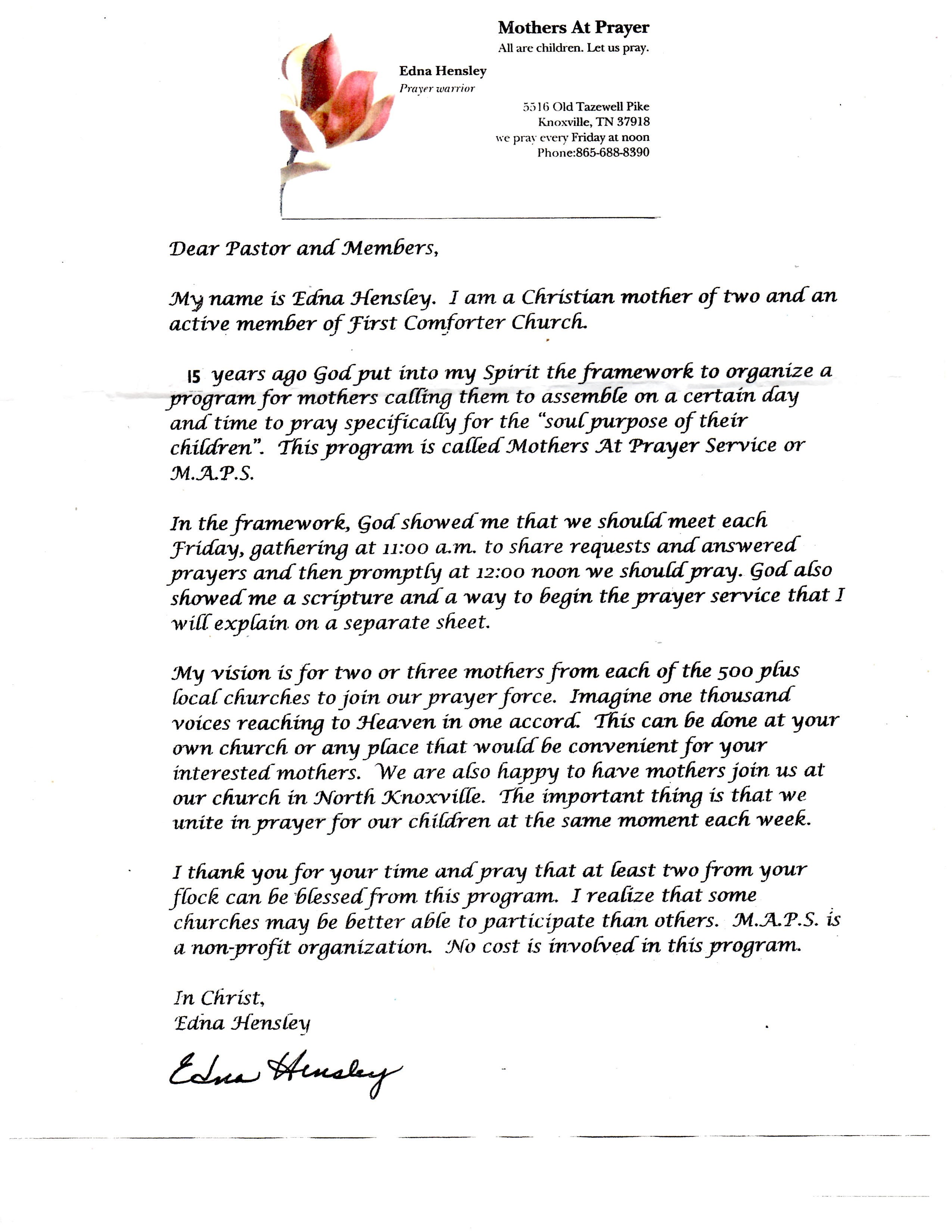 Mothers At Prayer Service Letter to the Churches
